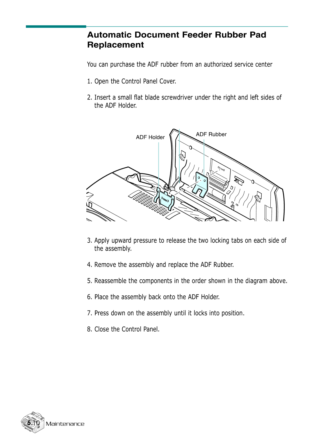 Samsung SF-530 Series manual Automatic Document Feeder Rubber Pad Replacement 