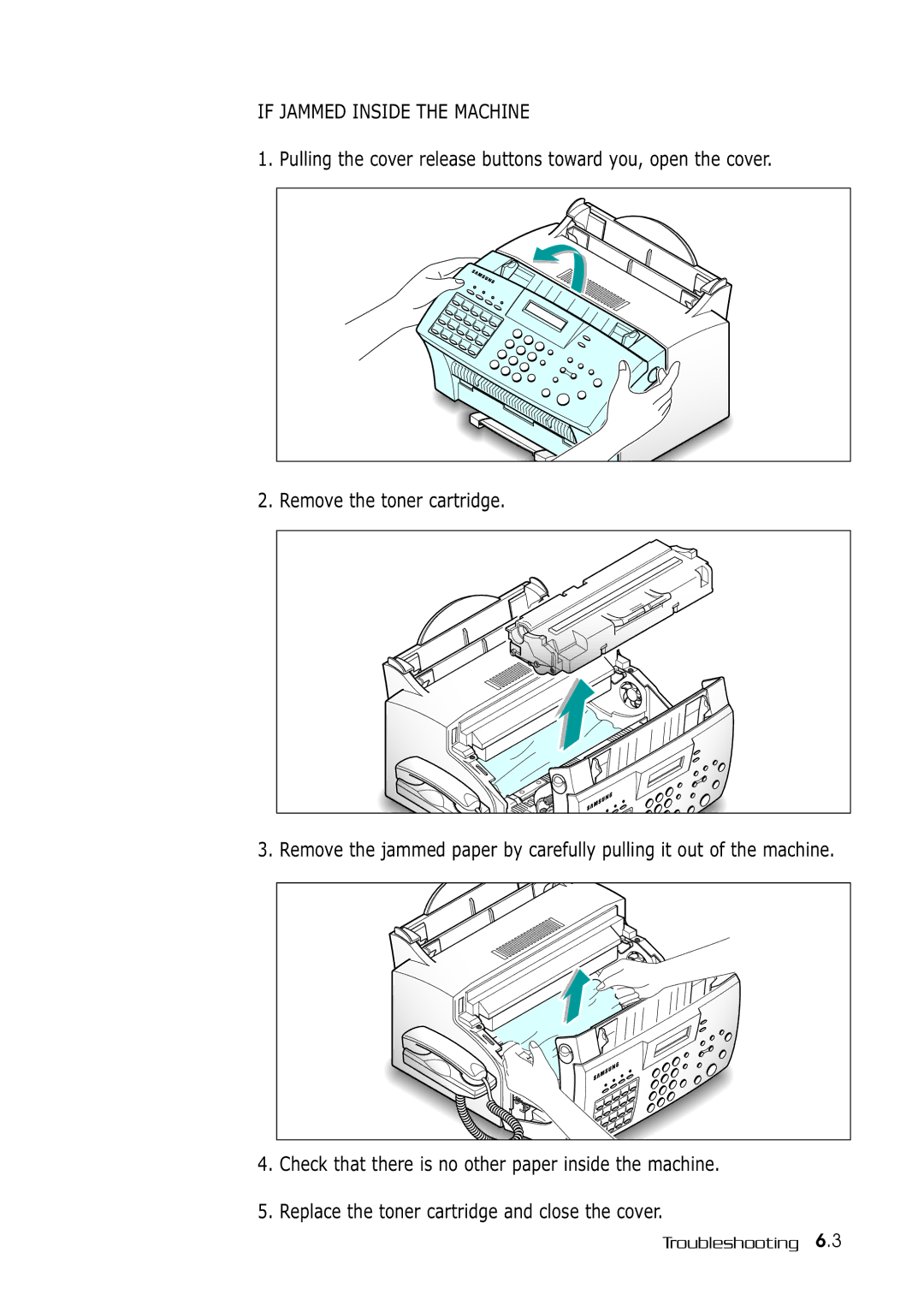 Samsung SF-530 Series manual If Jammed Inside the Machine 