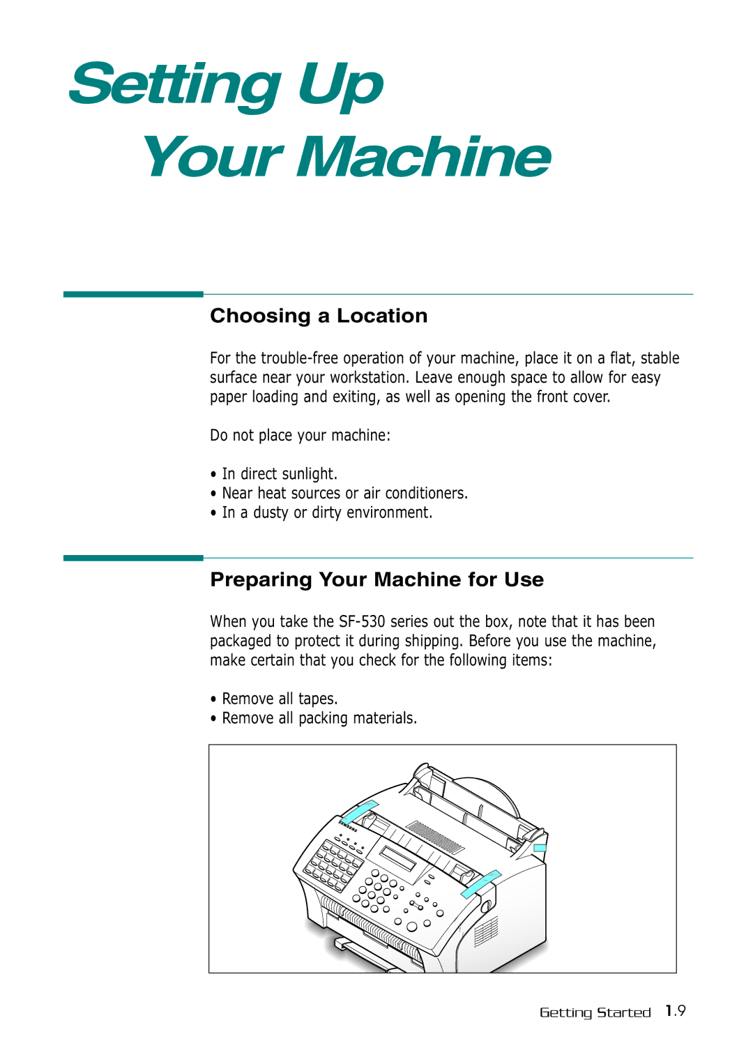 Samsung SF-530 Series manual Setting Up Your Machine, Choosing a Location, Preparing Your Machine for Use 