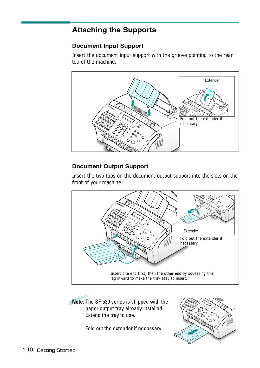 Samsung SF-530 Series manual Attaching the Supports, Document Input Support, Document Output Support 