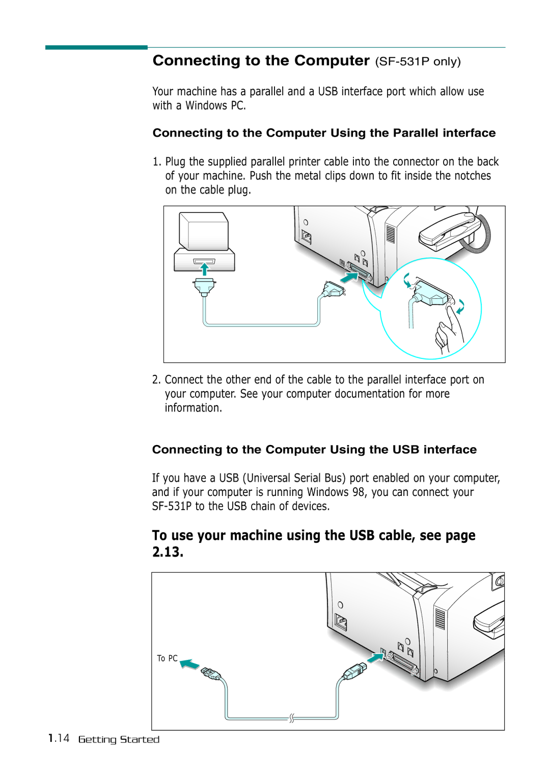 Samsung SF-530 Series Connecting to the Computer SF-531P only, Connecting to the Computer Using the Parallel interface 