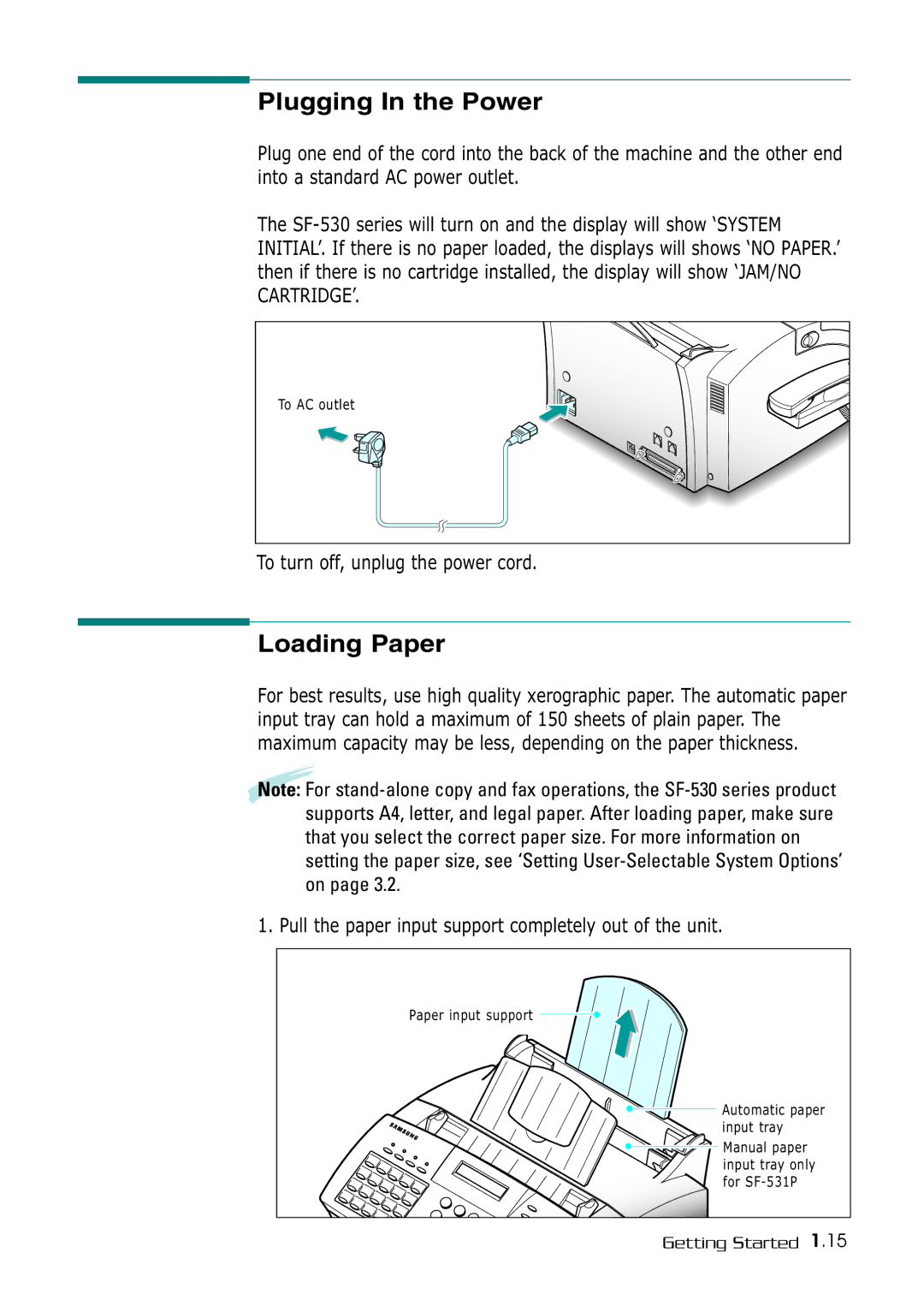 Samsung SF-530 Series manual Plugging In the Power, Loading Paper, To turn off, unplug the power cord 