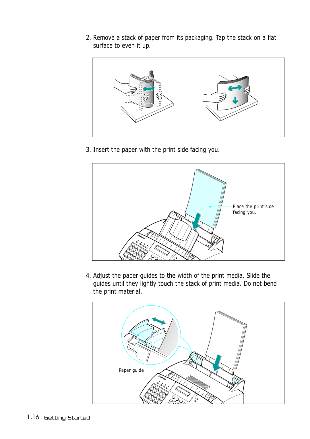 Samsung SF-530 Series manual Place the print side facing you 