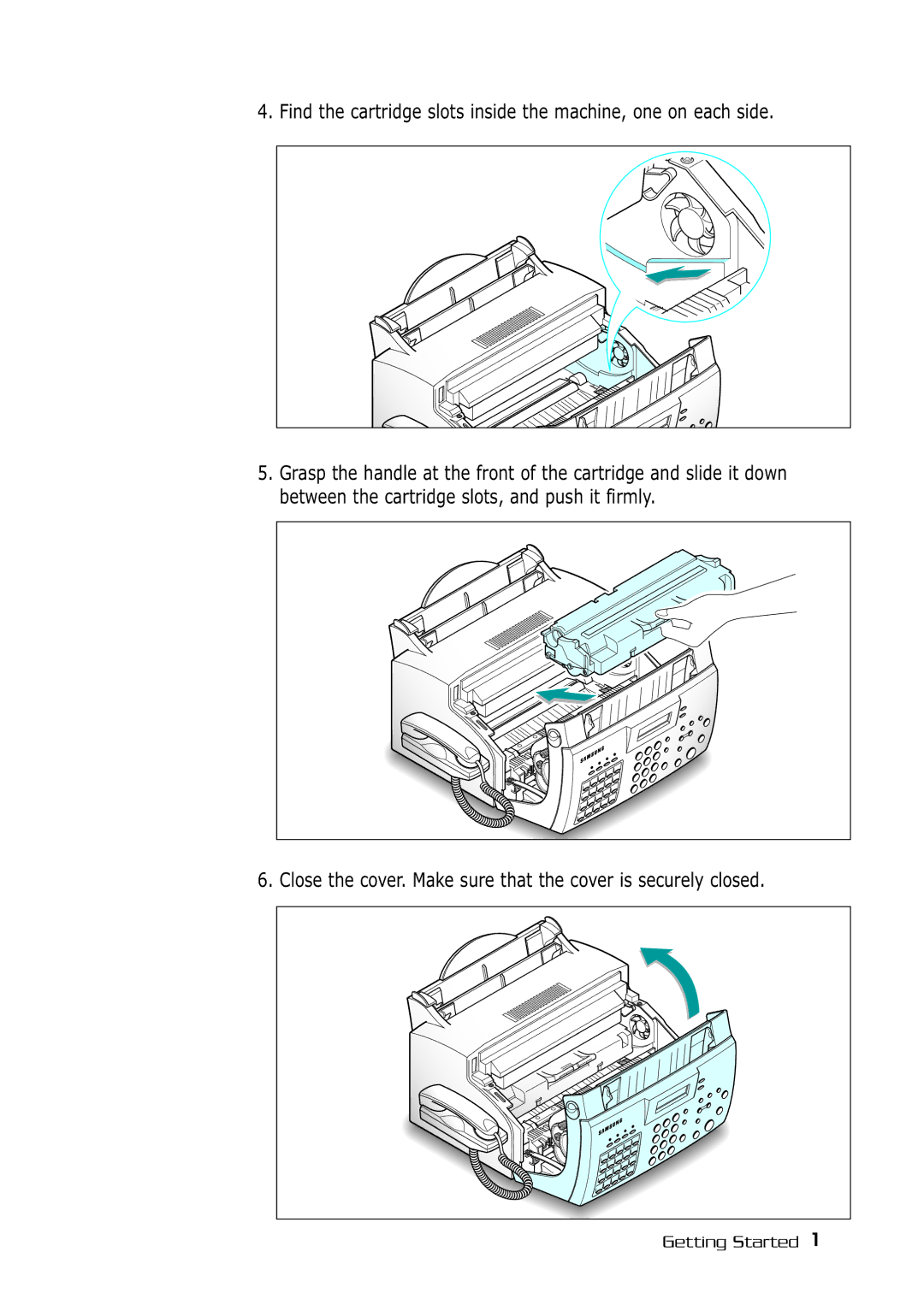 Samsung SF-530 Series manual Close the cover. Make sure that the cover is securely closed 