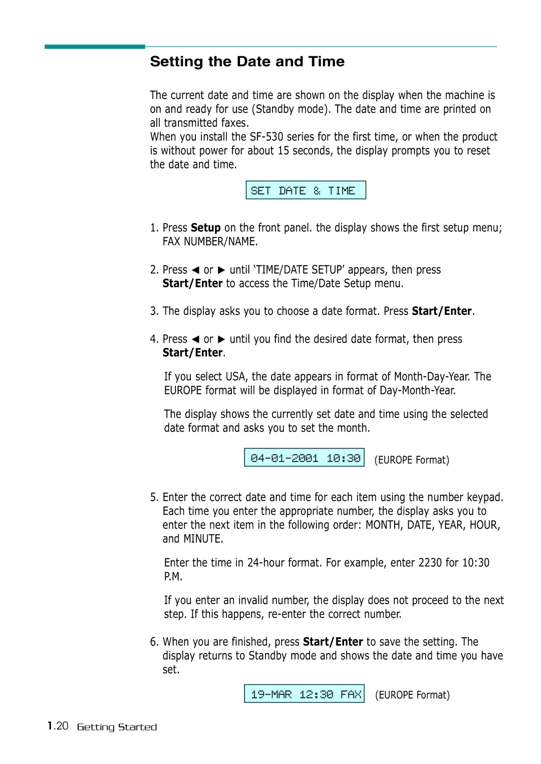 Samsung SF-530 Series manual Setting the Date and Time, Fax Number/Name 