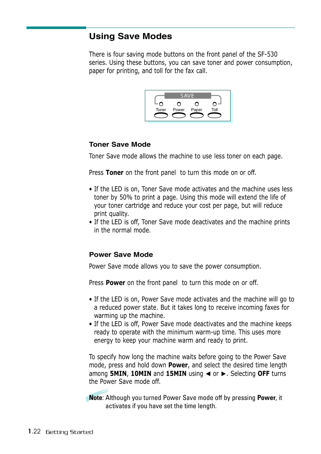 Samsung SF-530 Series manual Using Save Modes, Toner Save Mode, Power Save Mode 