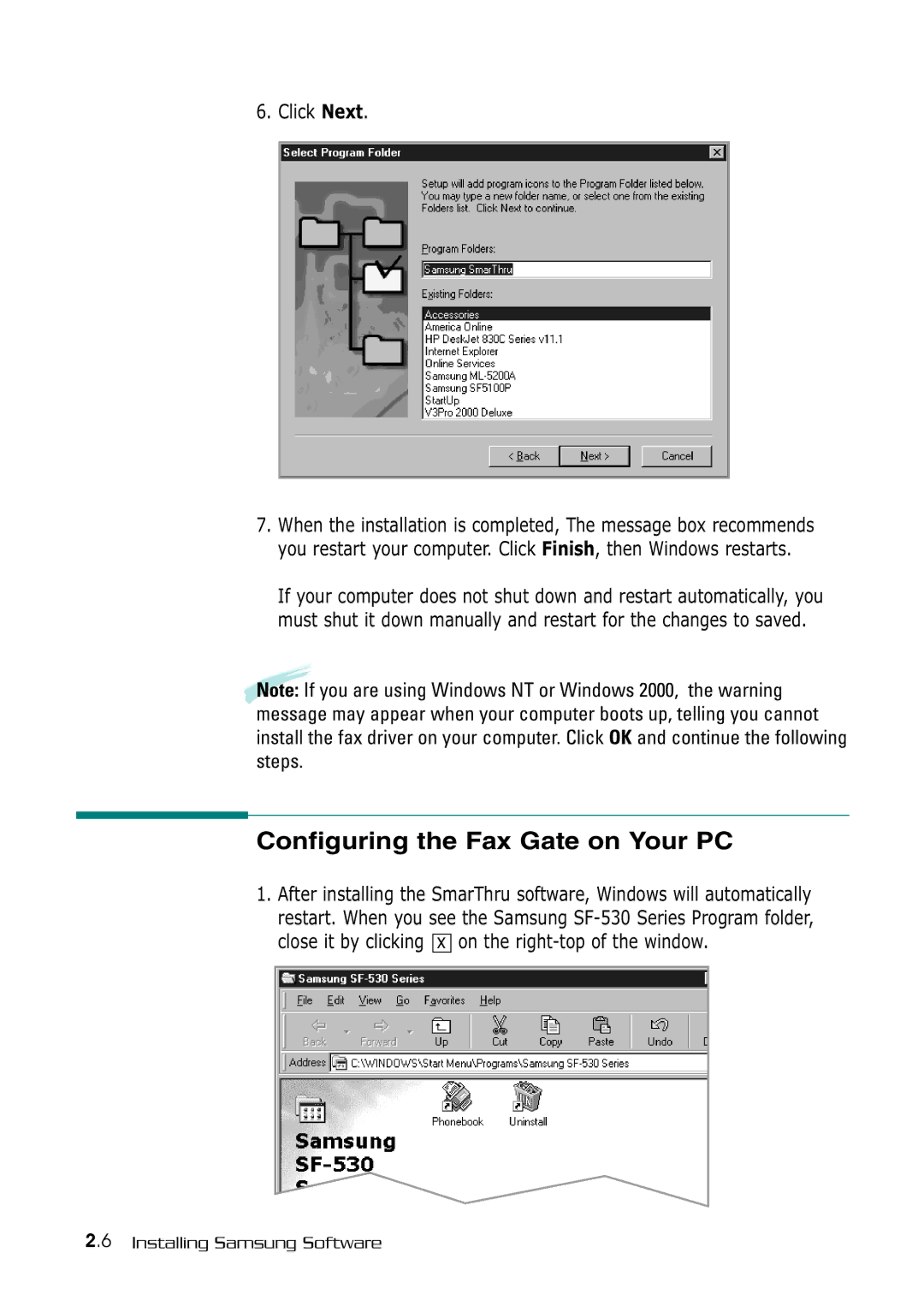 Samsung SF-530 Series manual Configuring the Fax Gate on Your PC, Click Next 