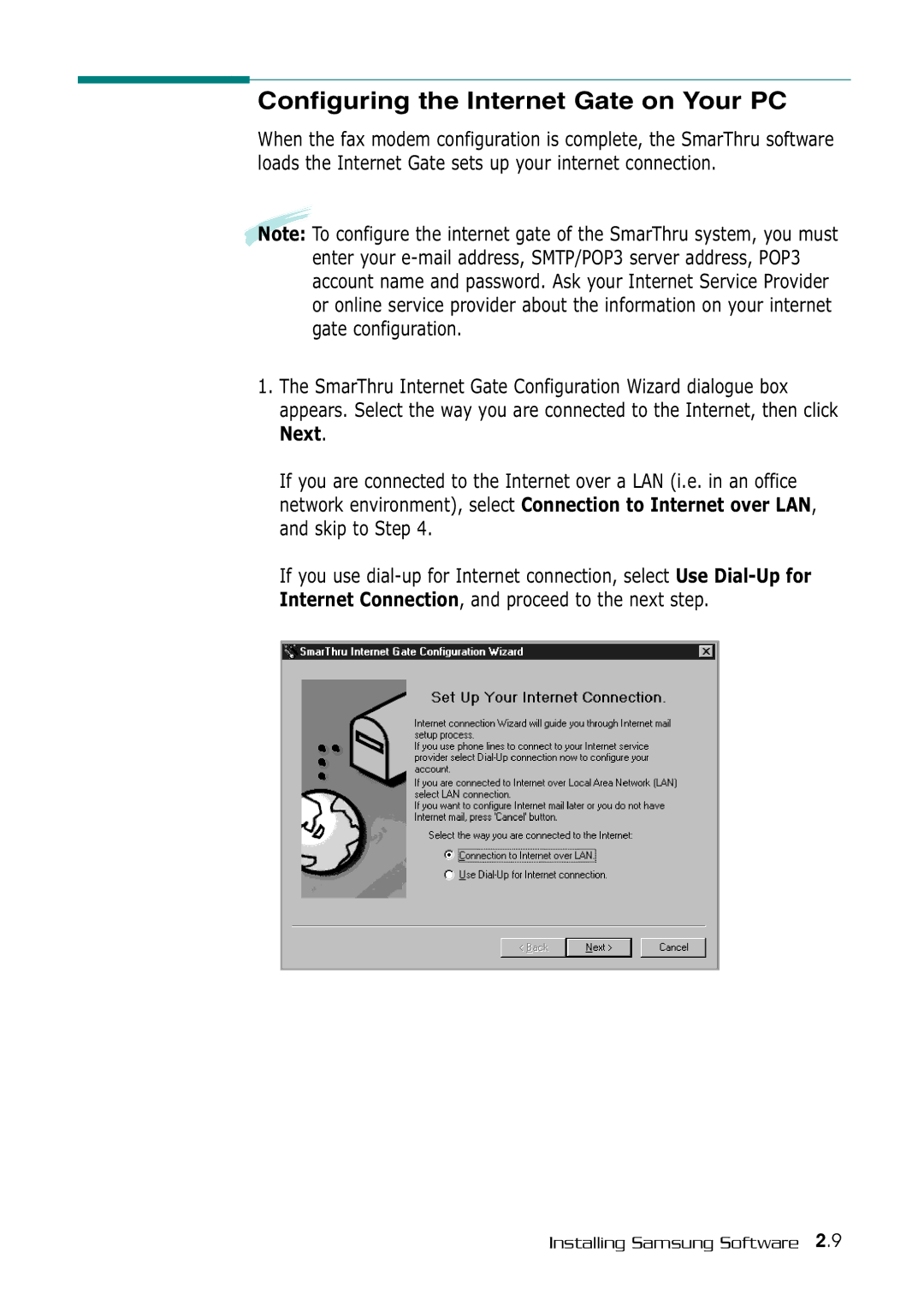 Samsung SF-530 Series manual Configuring the Internet Gate on Your PC 