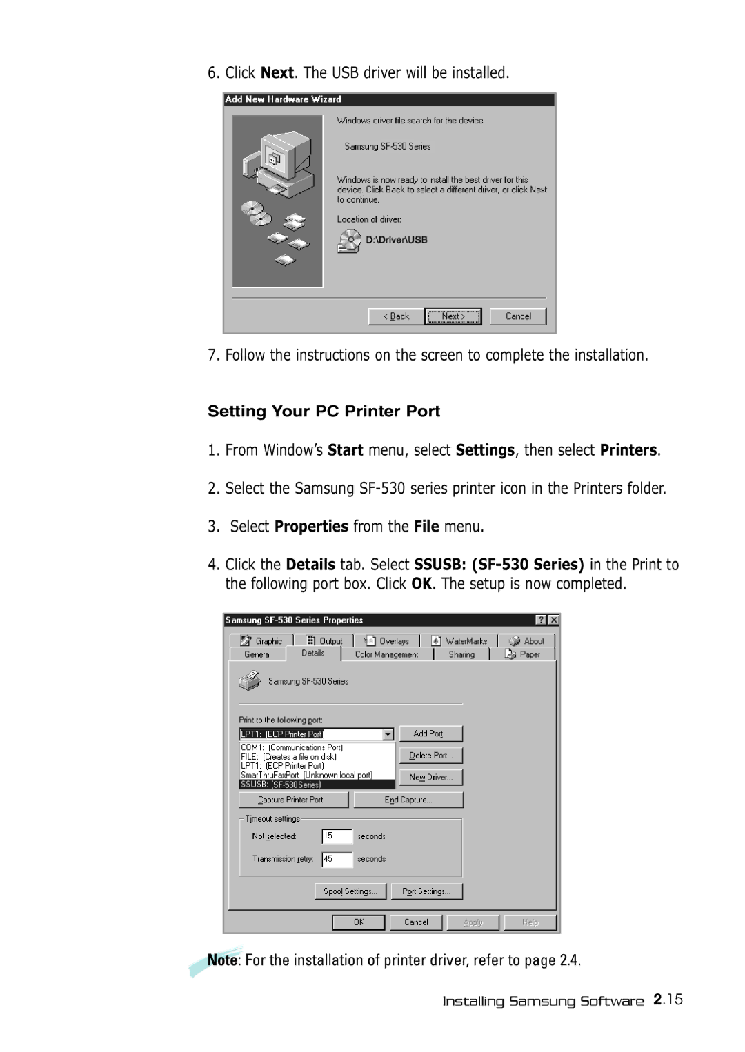 Samsung SF-530 Series manual Click Next. The USB driver will be installed, Select Properties from the File menu 