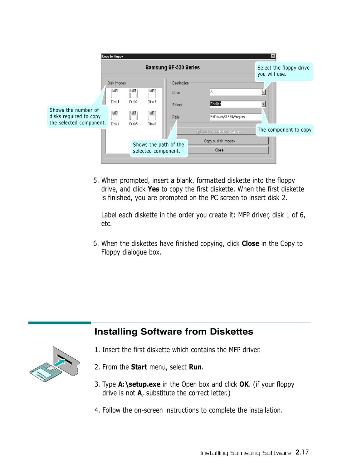 Samsung SF-530 Series manual Installing Software from Diskettes 