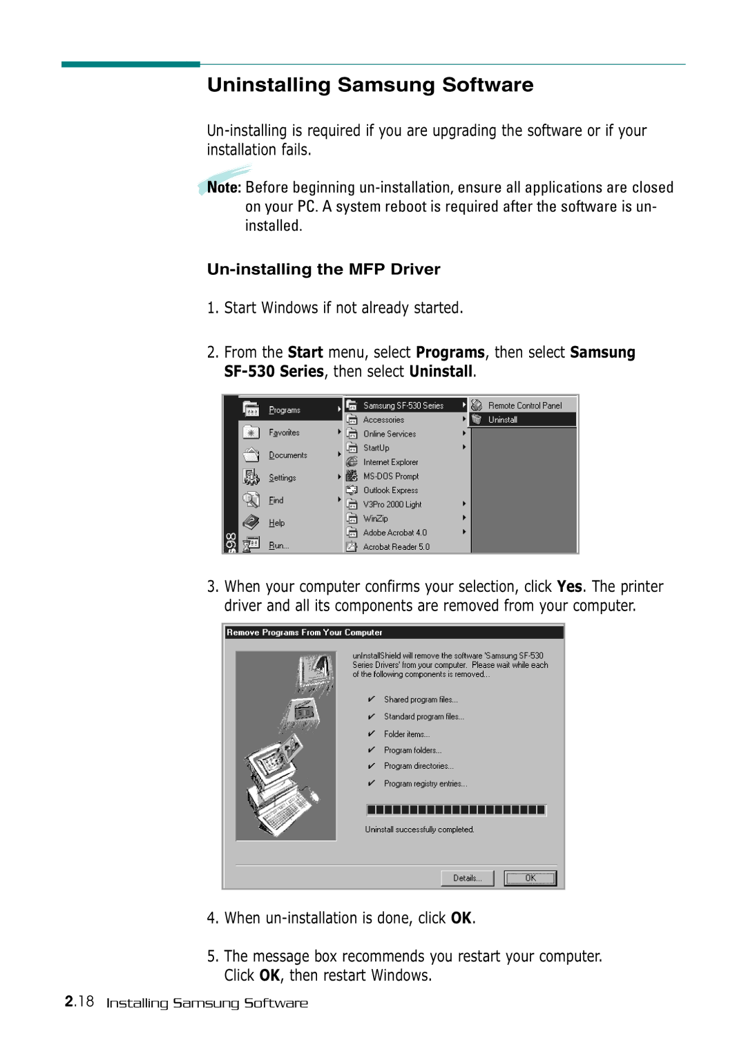 Samsung SF-530 Series Uninstalling Samsung Software, Start Windows if not already started, Un-installing the MFP Driver 