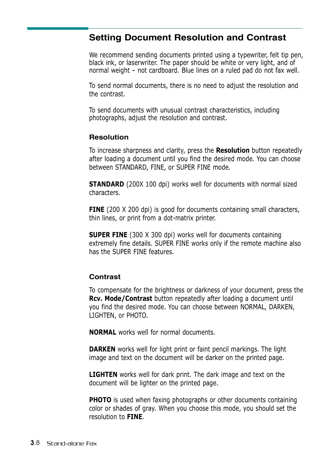 Samsung SF-530 Series manual Setting Document Resolution and Contrast, Normal works well for normal documents 