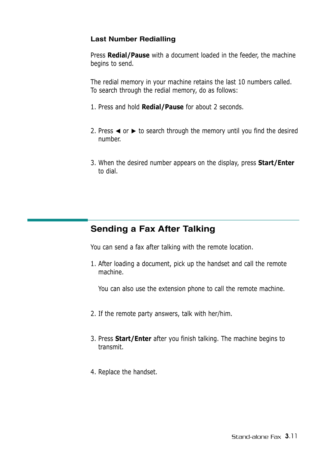 Samsung SF-530 Series manual Sending a Fax After Talking, Last Number Redialling 