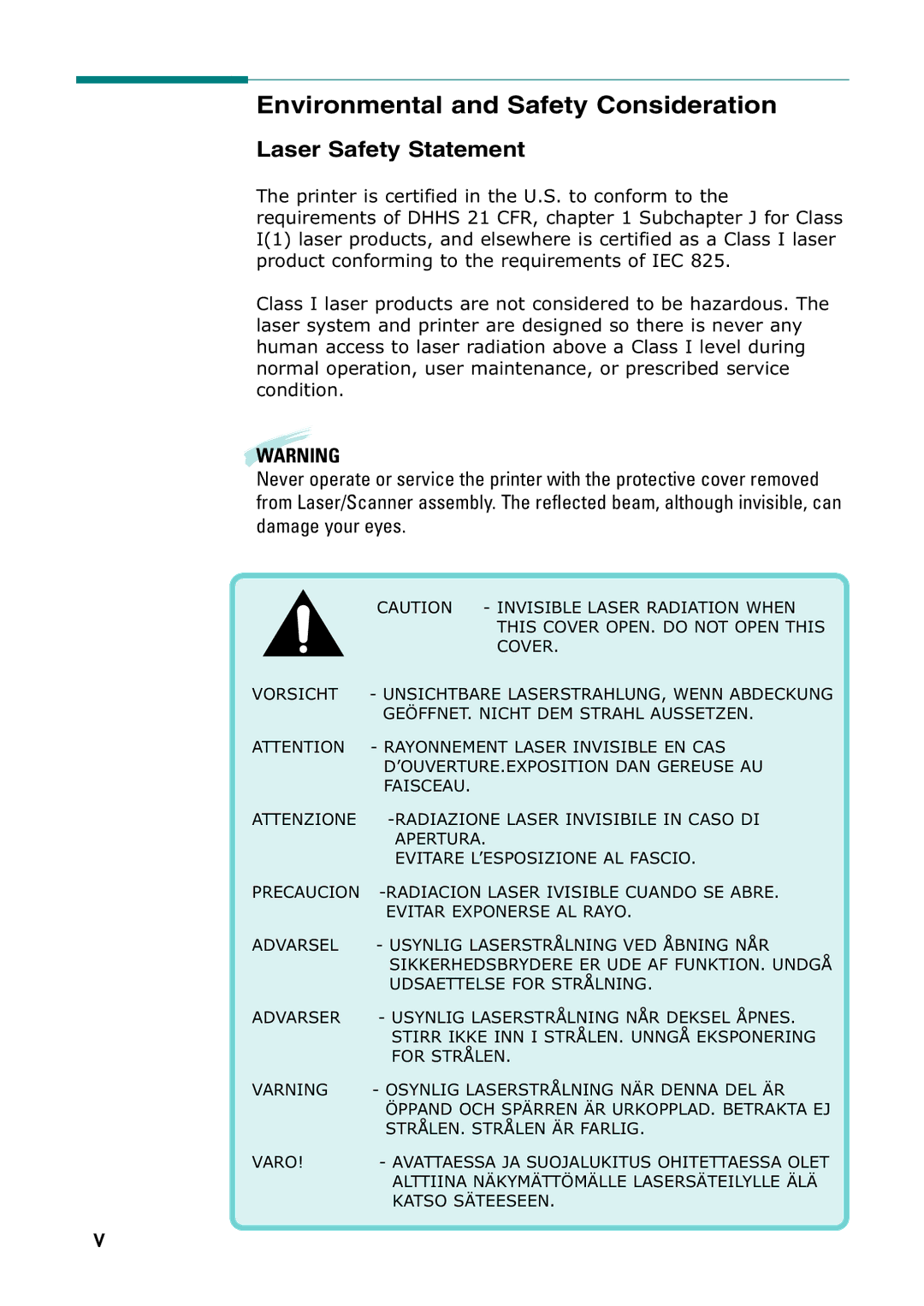 Samsung SF-530 Series manual Environmental and Safety Consideration, Laser Safety Statement 