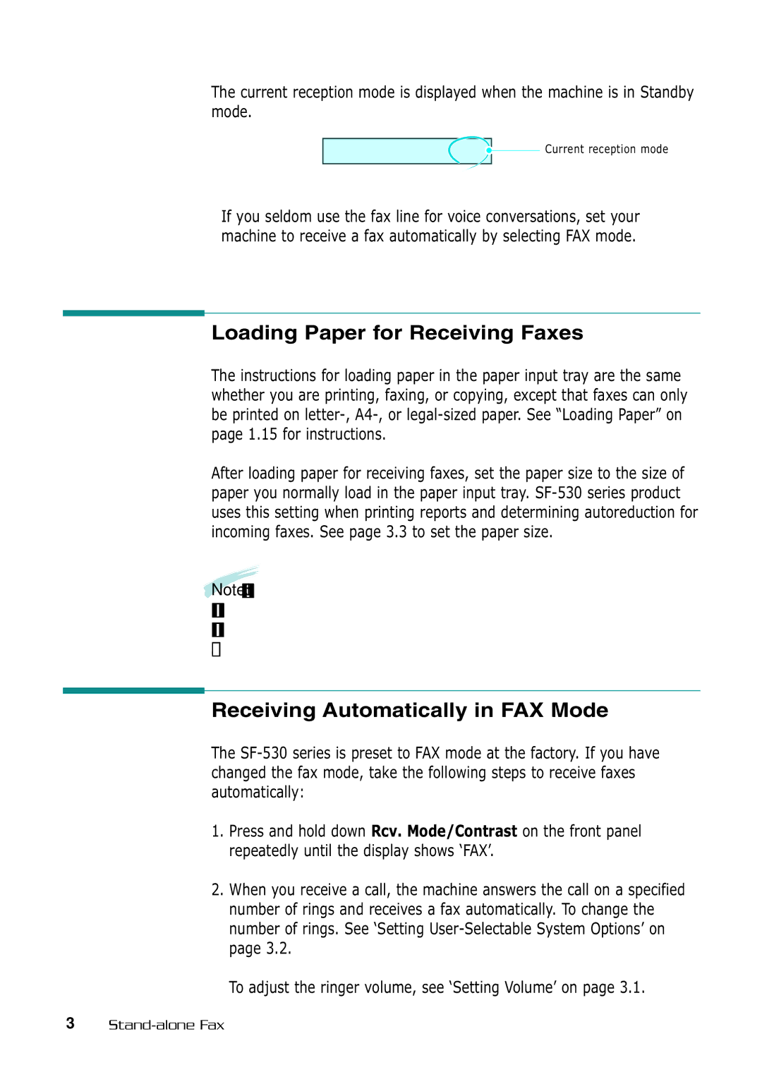 Samsung SF-530 Series manual Loading Paper for Receiving Faxes, Receiving Automatically in FAX Mode 