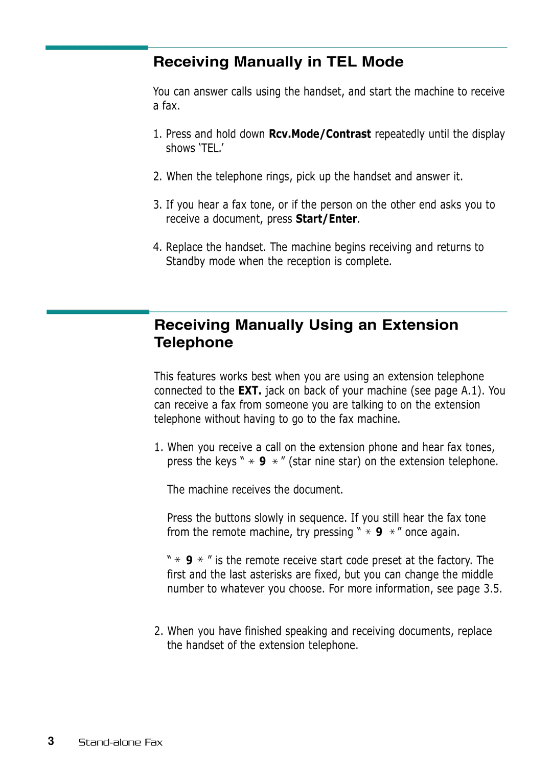 Samsung SF-530 Series manual Receiving Manually in TEL Mode, Receiving Manually Using an Extension Telephone 