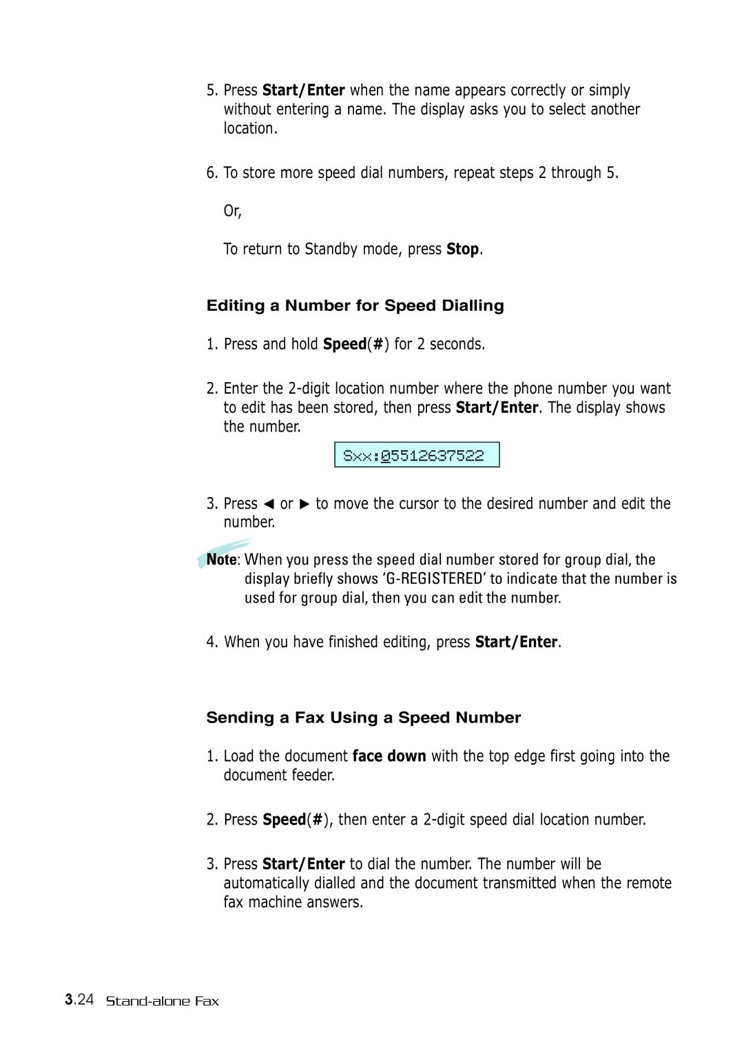 Samsung SF-530 Series manual Editing a Number for Speed Dialling, Sending a Fax Using a Speed Number 