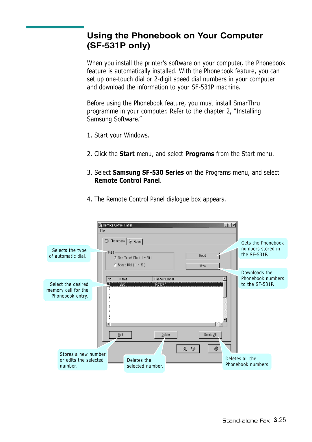 Samsung SF-530 Series manual Using the Phonebook on Your Computer SF-531P only, Start your Windows 