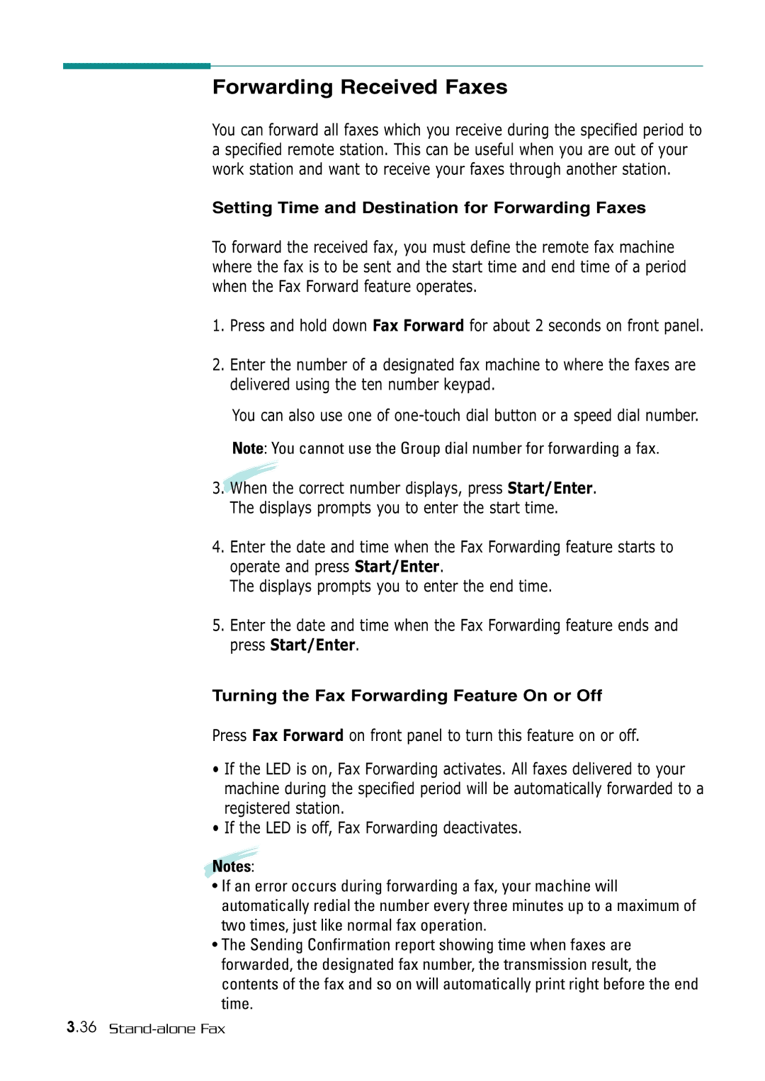 Samsung SF-530 Series manual Forwarding Received Faxes, Setting Time and Destination for Forwarding Faxes 