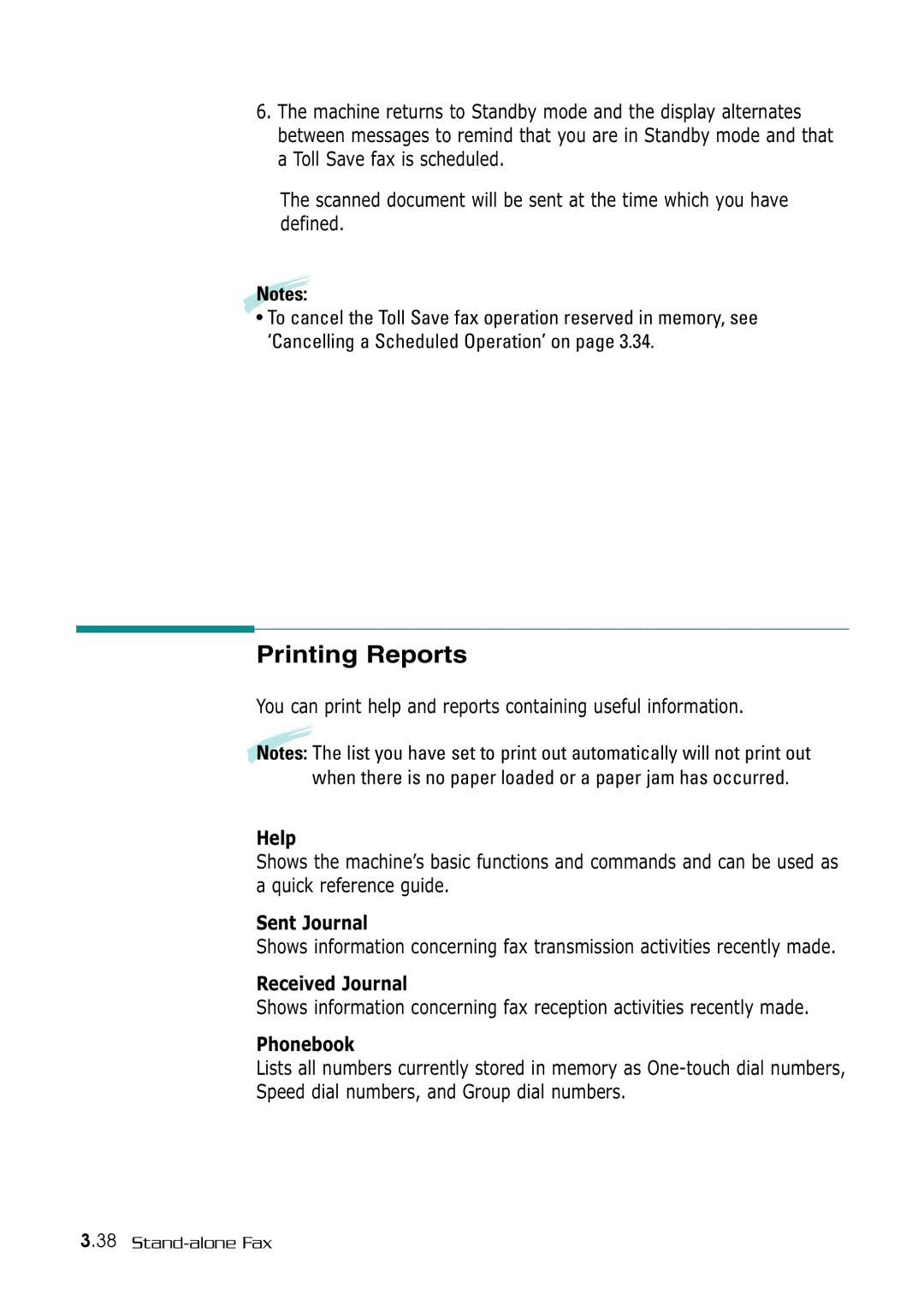 Samsung SF-530 Series manual Printing Reports, Help, Sent Journal, Received Journal, Phonebook 