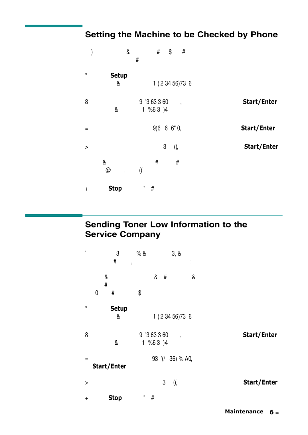 Samsung SF-555P manual Setting the Machine to be Checked by Phone, Sending Toner Low Information to the Service Company 