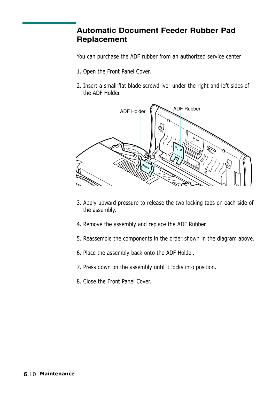 Samsung SF-555P manual Automatic Document Feeder Rubber Pad Replacement 