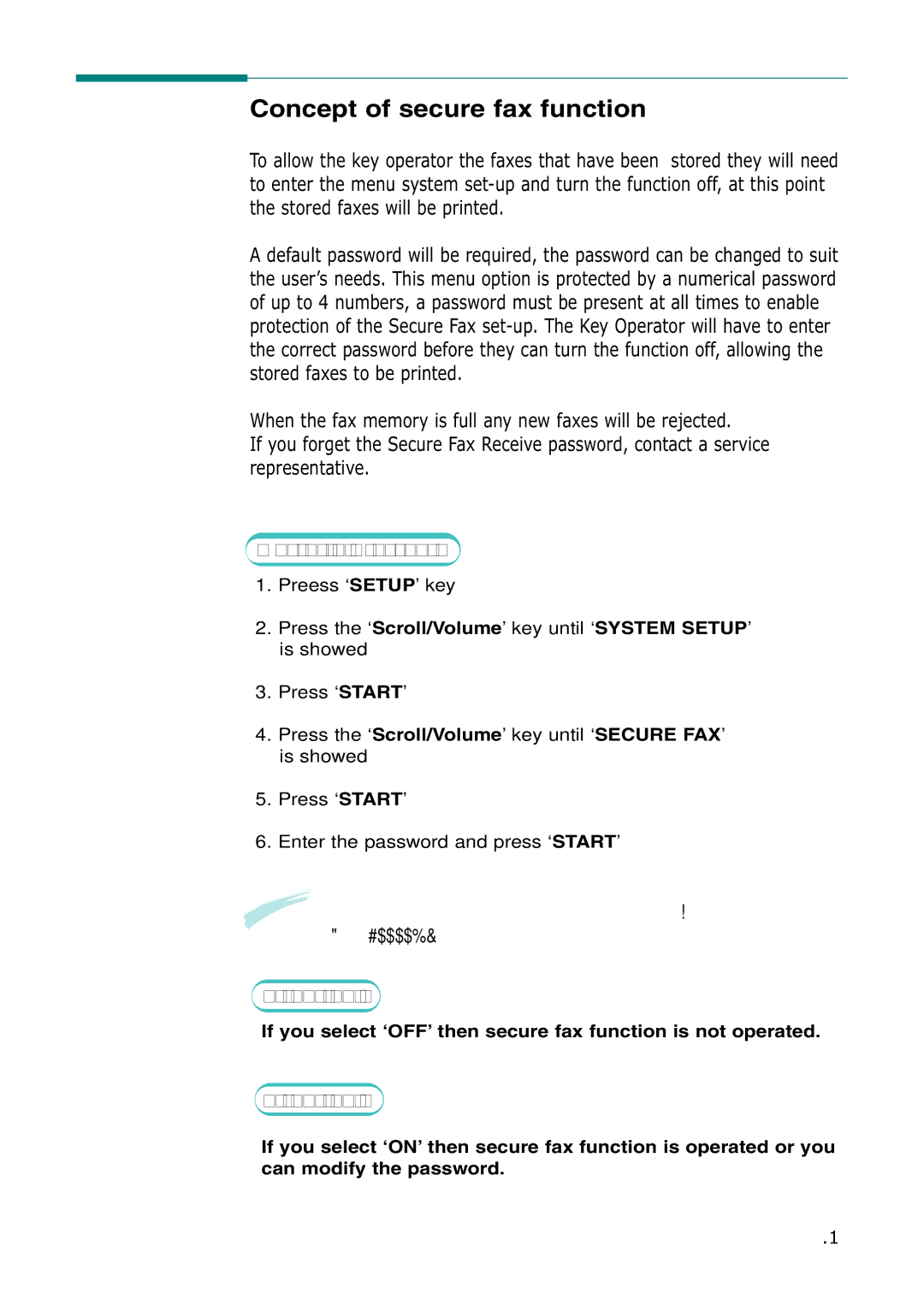 Samsung SF-555P manual Concept of secure fax function, Password is 