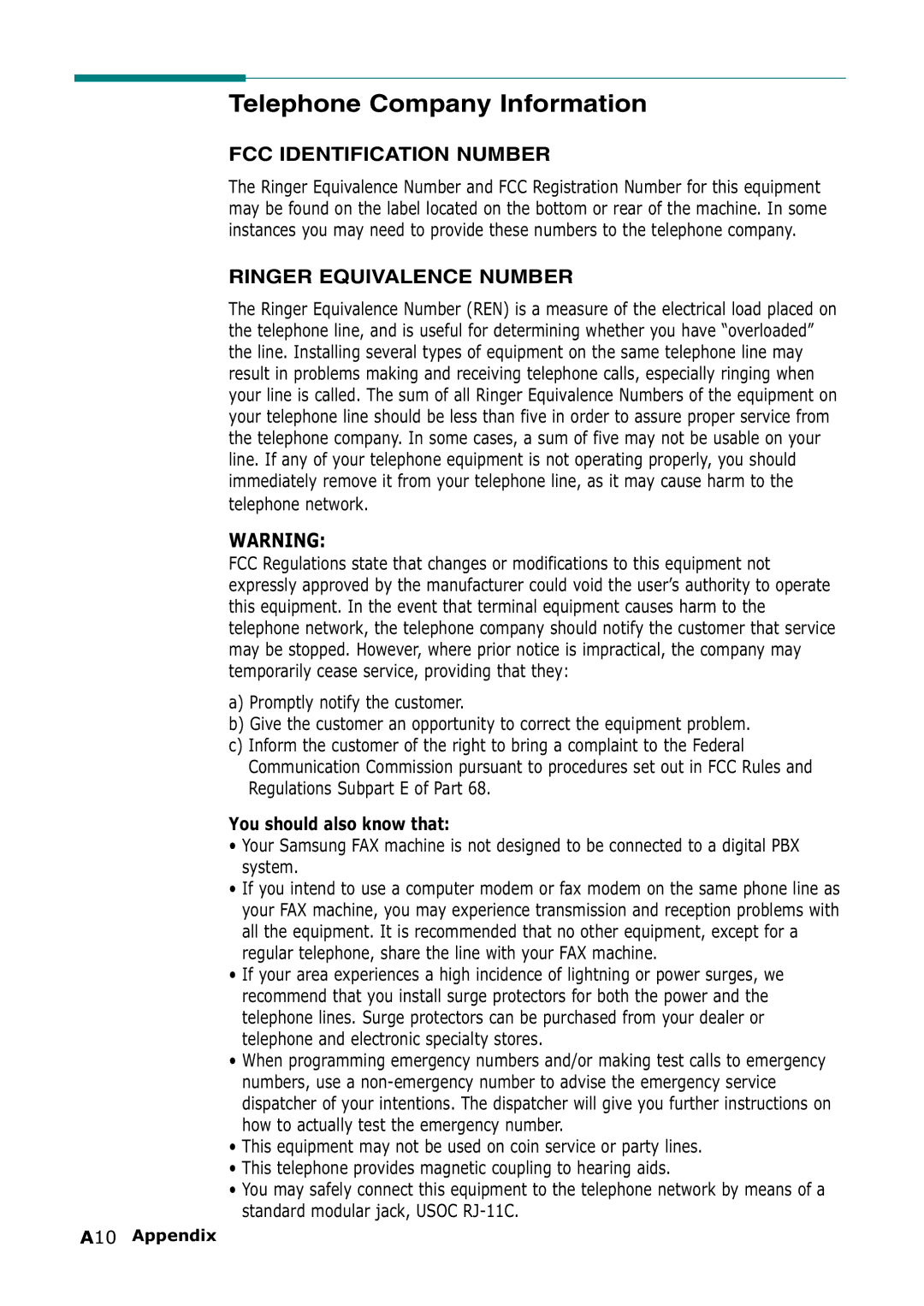 Samsung SF-555P manual Telephone Company Information, FCC Identification Number 