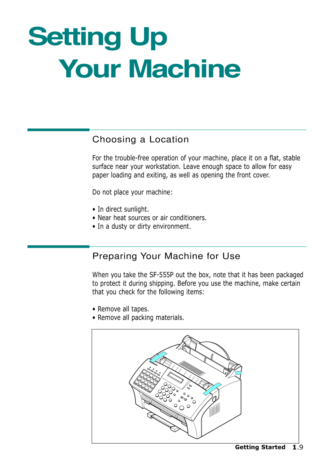 Samsung SF-555P manual Setting Up Your Machine, Choosing a Location, Preparing Your Machine for Use 