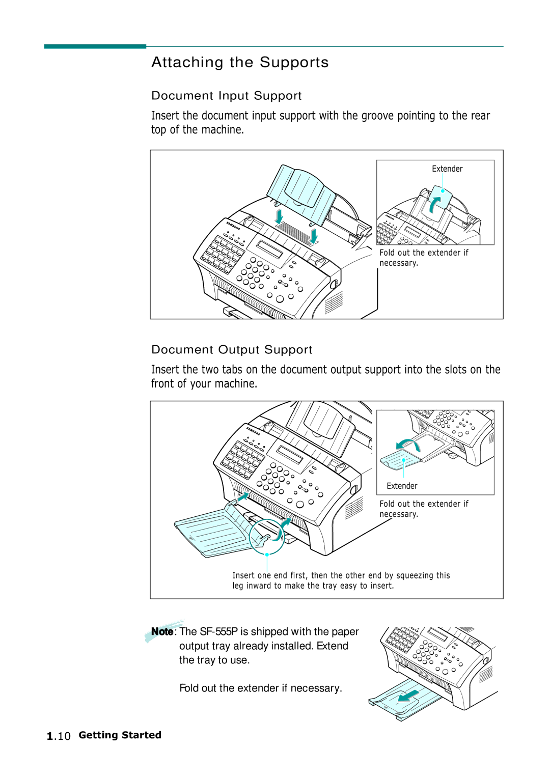 Samsung SF-555P manual Attaching the Supports, Document Input Support, Document Output Support 