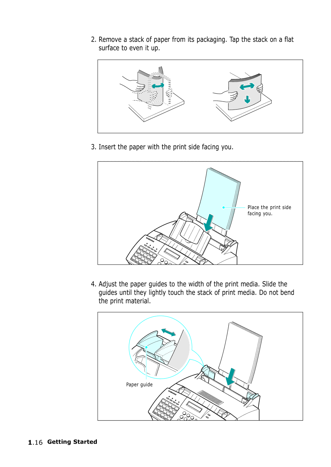 Samsung SF-555P manual Place the print side facing you 