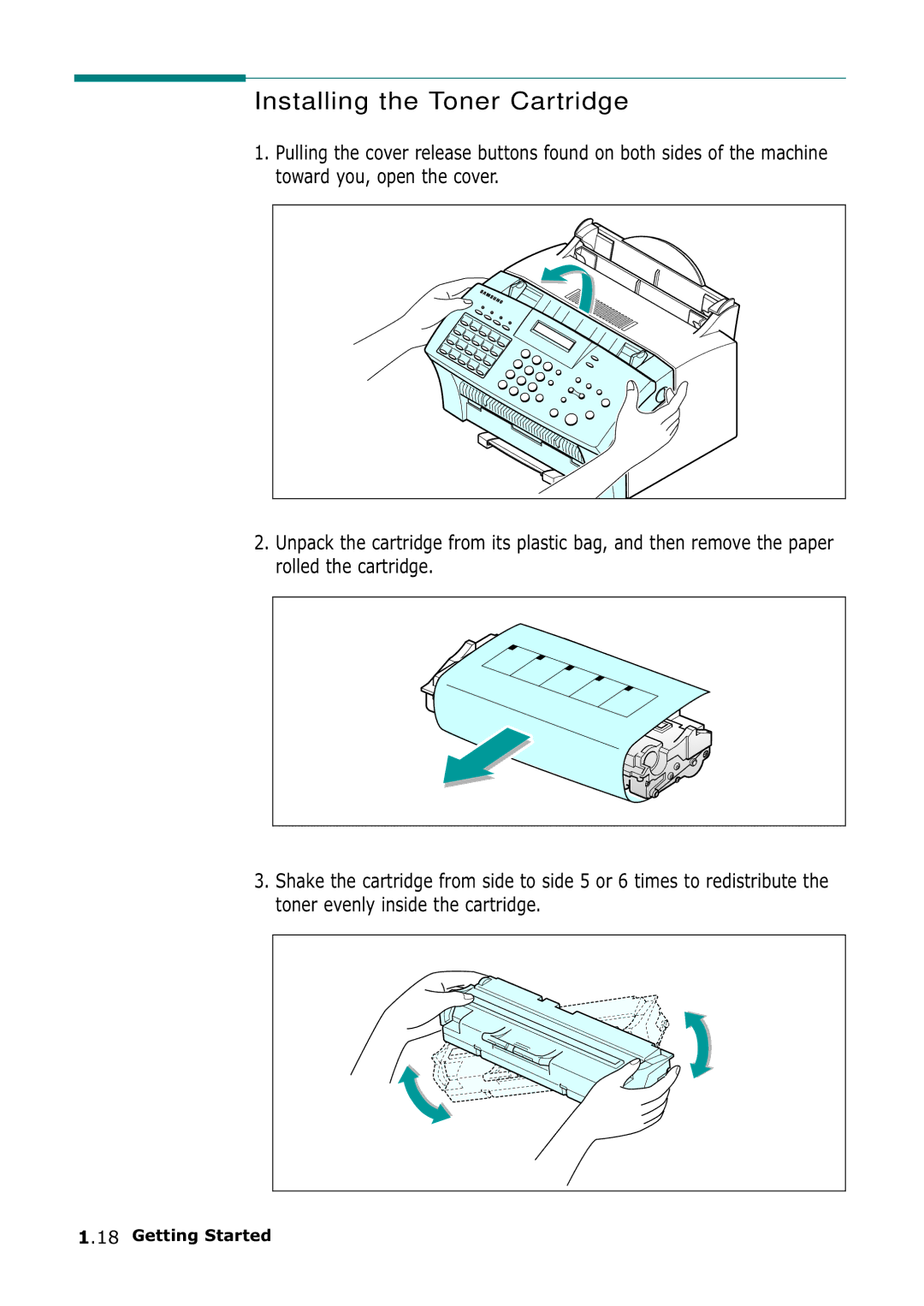 Samsung SF-555P manual Installing the Toner Cartridge 