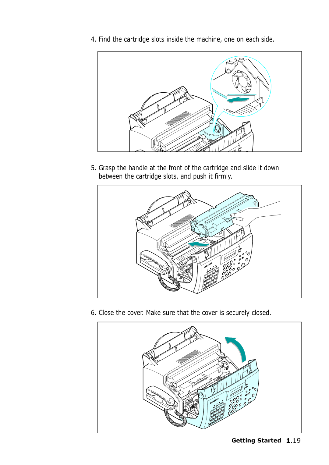 Samsung SF-555P manual Close the cover. Make sure that the cover is securely closed 