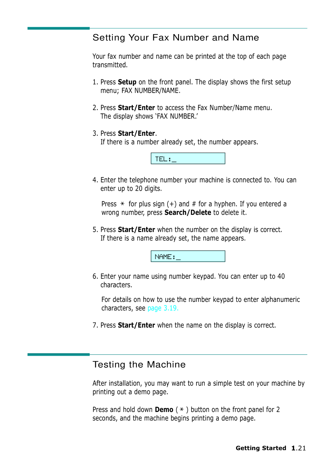 Samsung SF-555P manual Setting Your Fax Number and Name, Testing the Machine, Press Start/Enter 