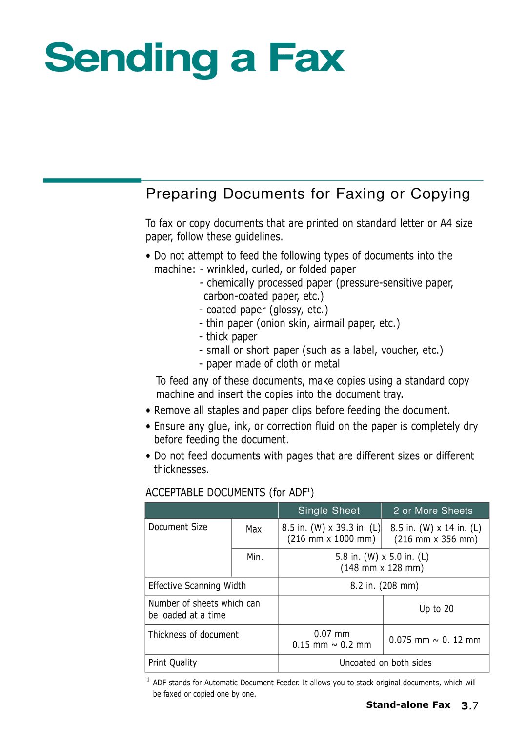 Samsung SF-555P manual Sending a Fax, Preparing Documents for Faxing or Copying 