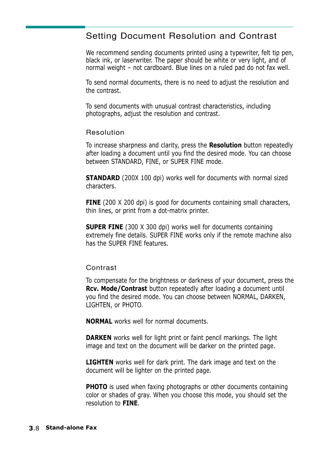 Samsung SF-555P manual Setting Document Resolution and Contrast, Normal works well for normal documents 