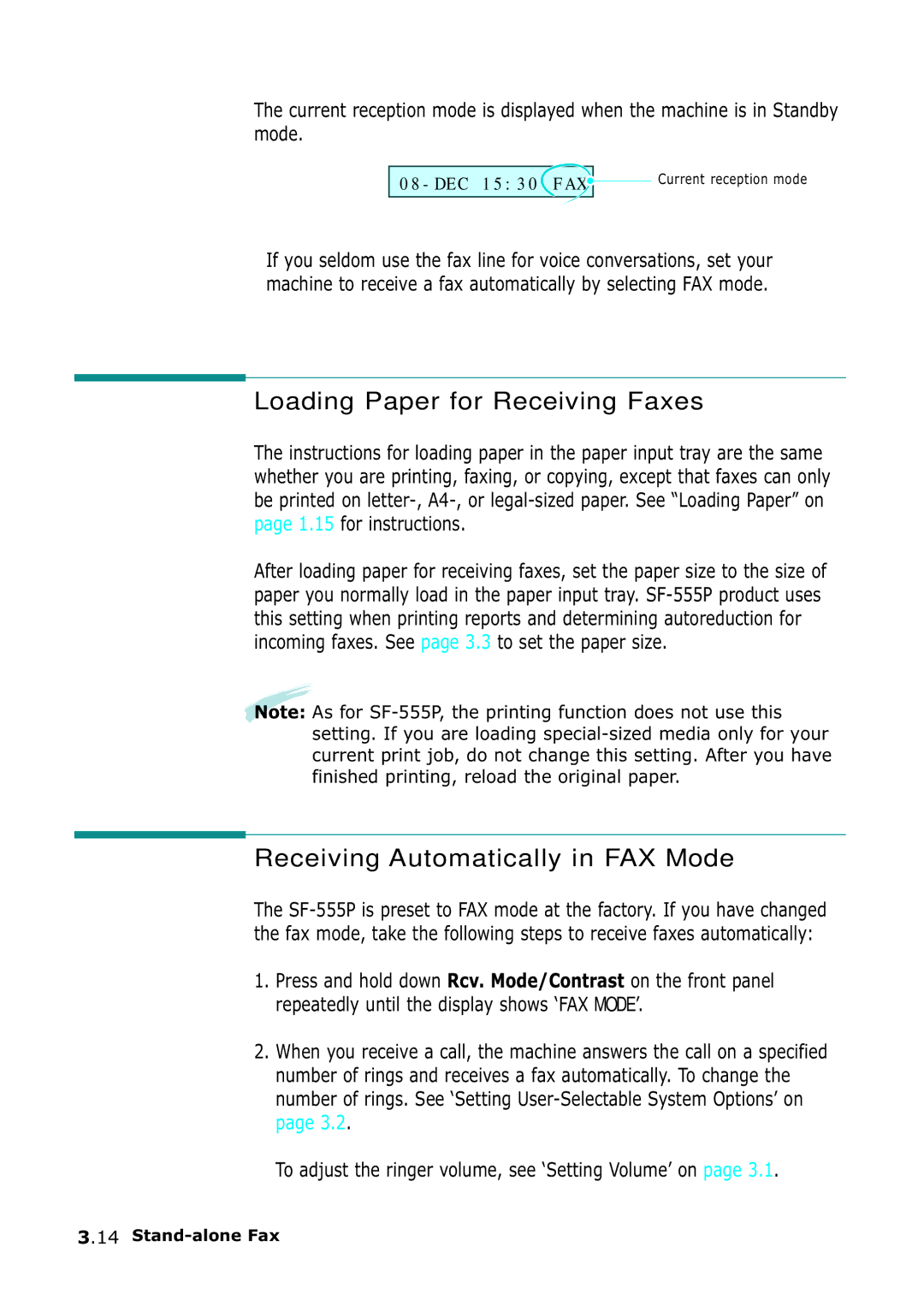 Samsung SF-555P manual Loading Paper for Receiving Faxes, Receiving Automatically in FAX Mode 