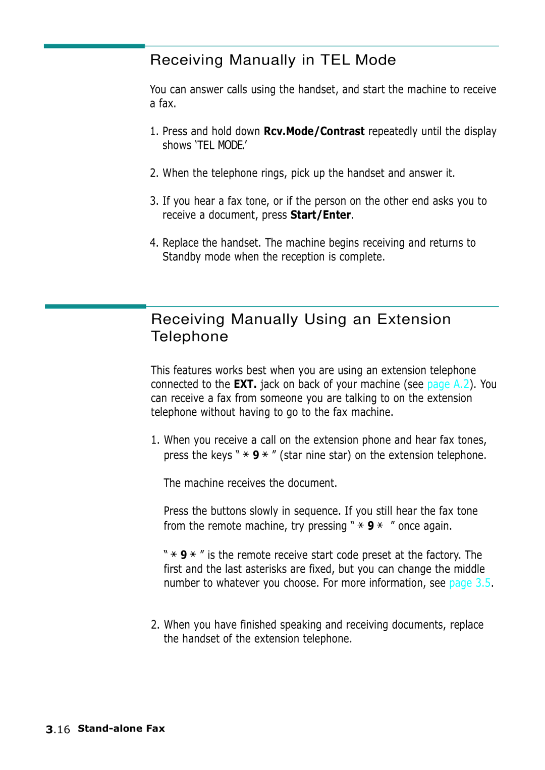 Samsung SF-555P manual Receiving Manually in TEL Mode, Receiving Manually Using an Extension Telephone 