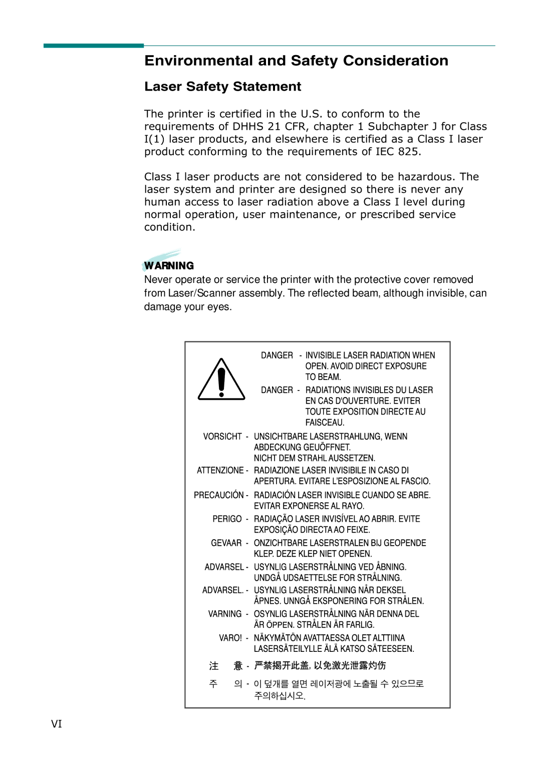 Samsung SF-555P manual Environmental and Safety Consideration, Laser Safety Statement 