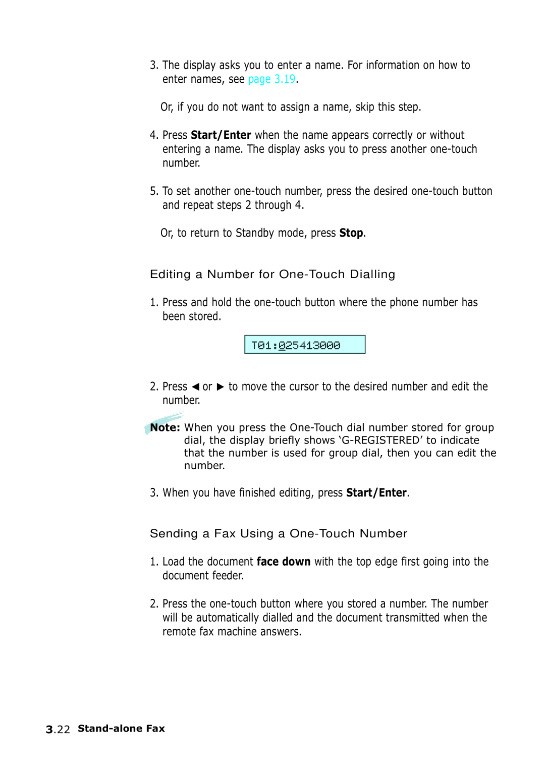 Samsung SF-555P manual Editing a Number for One-Touch Dialling, Sending a Fax Using a One-Touch Number 