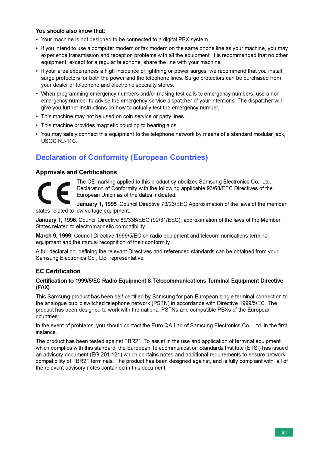 Samsung SF-560 manual Declaration of Conformity European Countries 