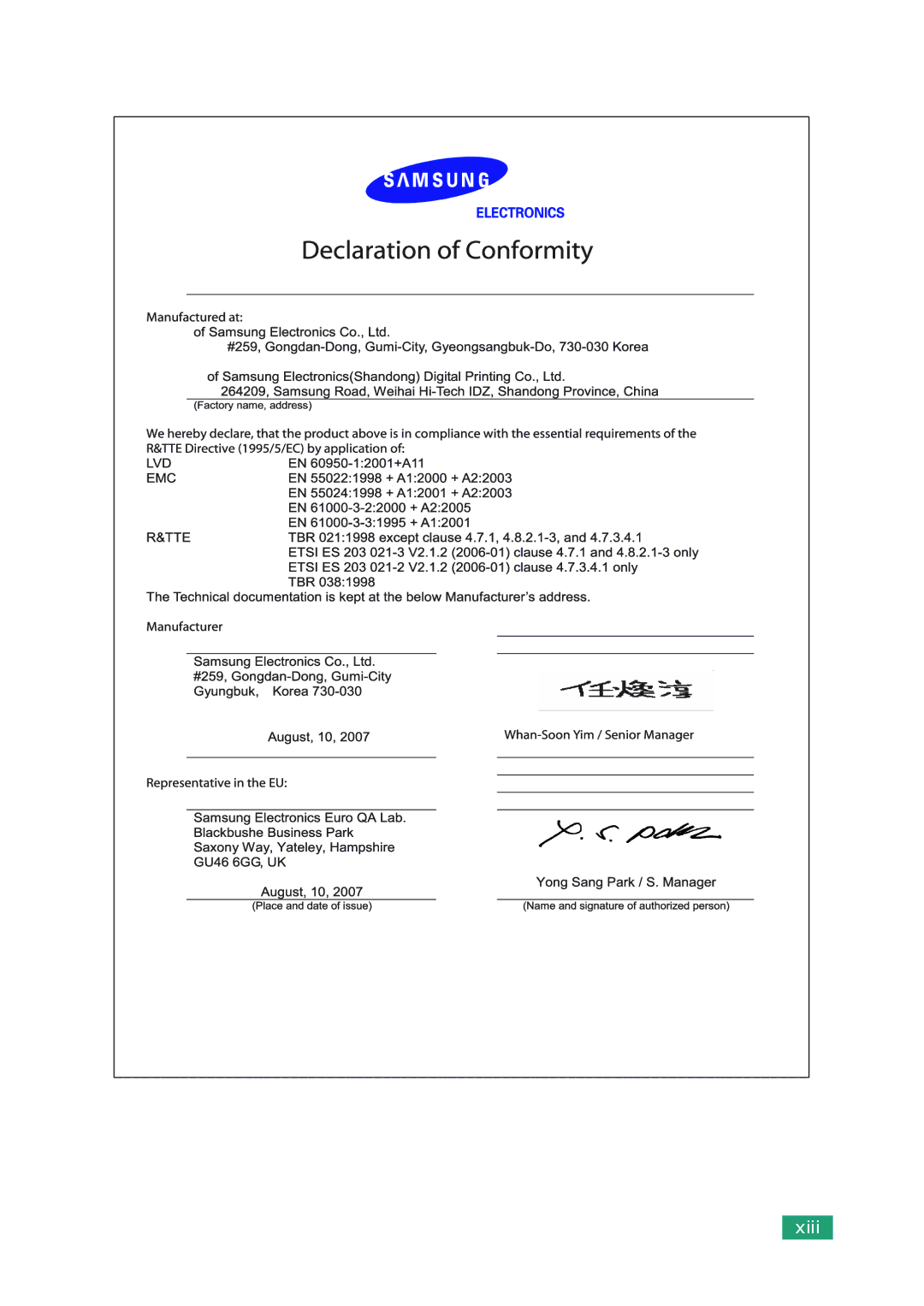 Samsung SF-560 manual Xiii 