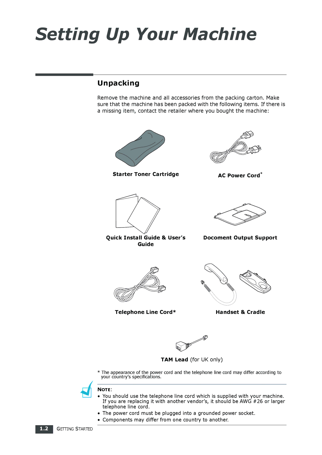 Samsung SF-560 manual Unpacking, TAM Lead for UK only 