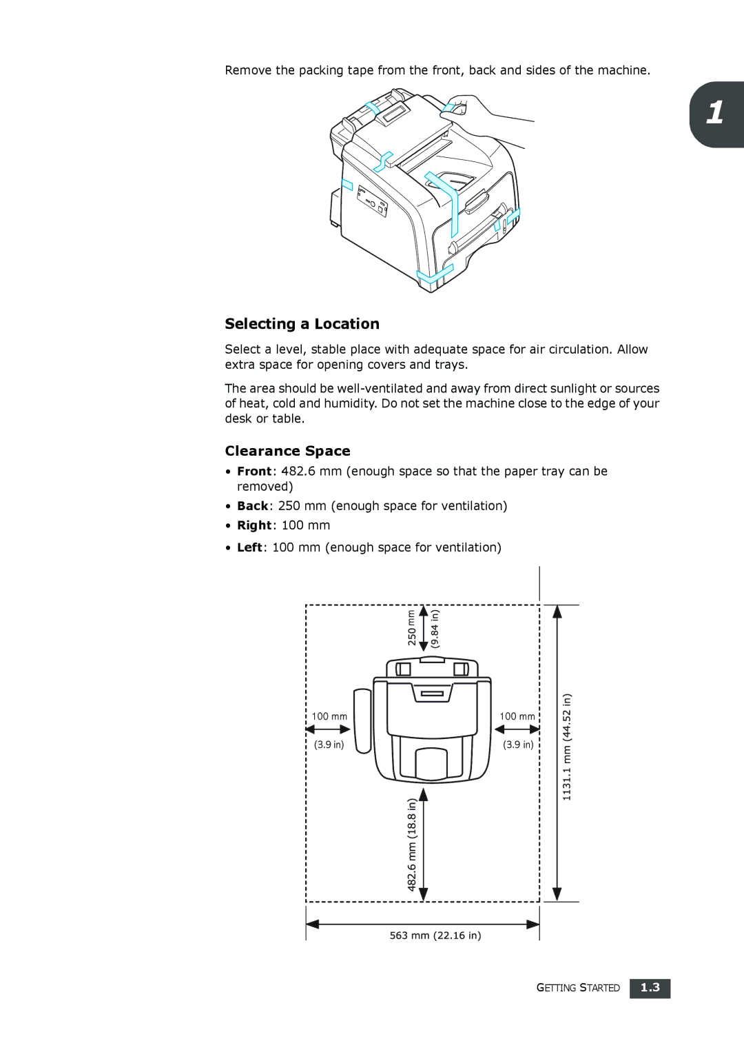 Samsung SF-560 manual Selecting a Location, Clearance Space 