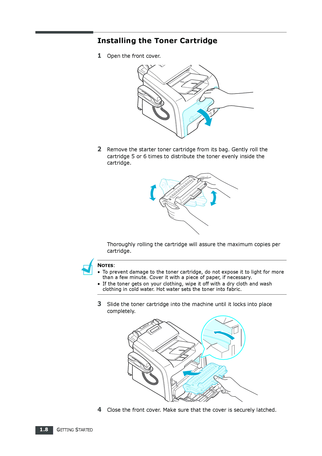 Samsung SF-560 manual Installing the Toner Cartridge 