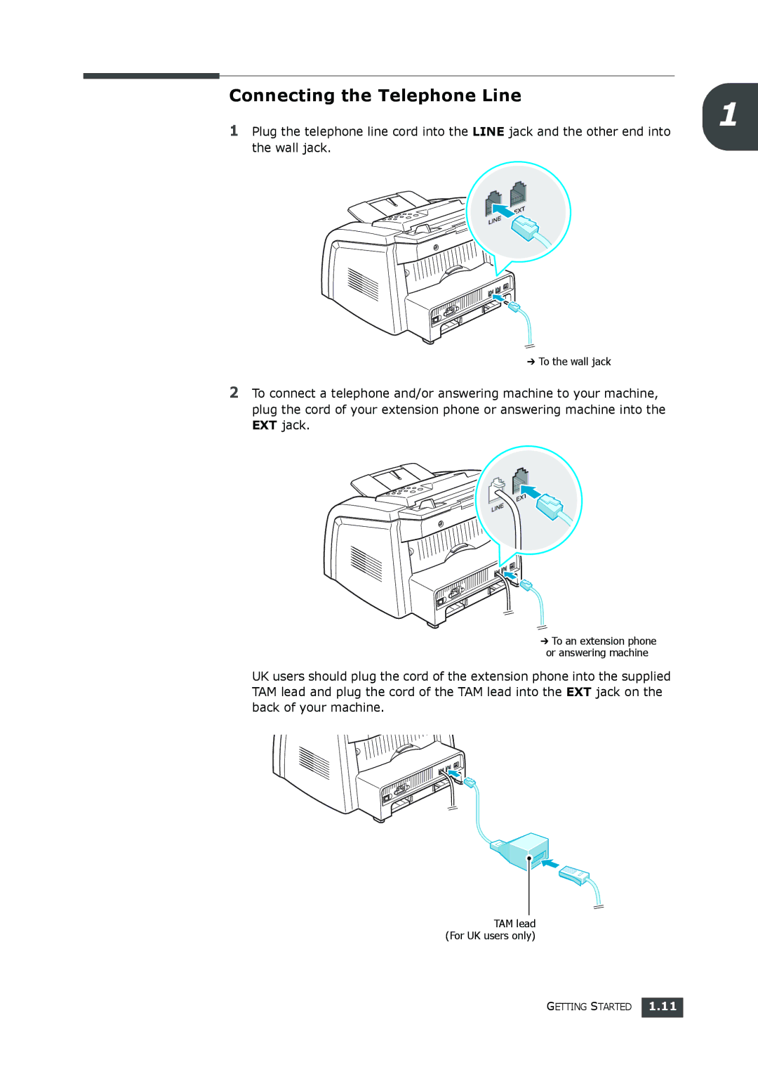 Samsung SF-560 manual Connecting the Telephone Line, Wall jack 