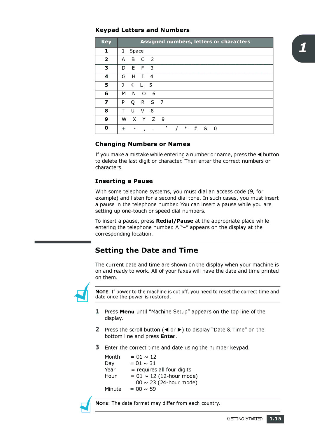 Samsung SF-560 manual Setting the Date and Time, Keypad Letters and Numbers, Changing Numbers or Names, Inserting a Pause 