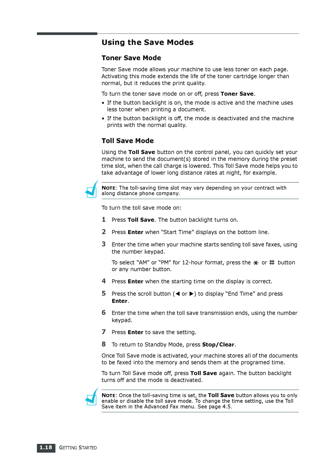 Samsung SF-560 manual Using the Save Modes, Toner Save Mode, Toll Save Mode 