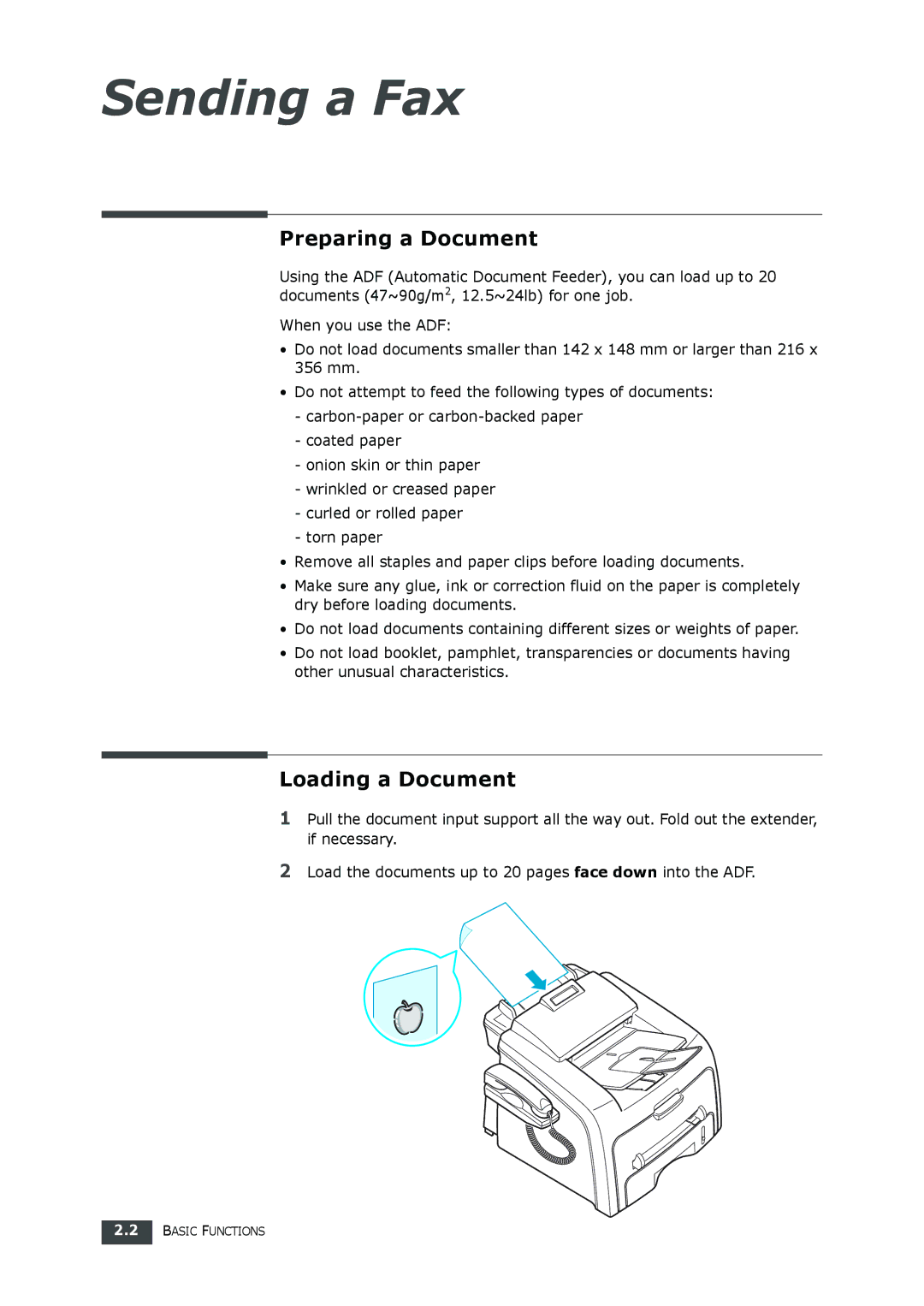 Samsung SF-560 manual Preparing a Document, Loading a Document 