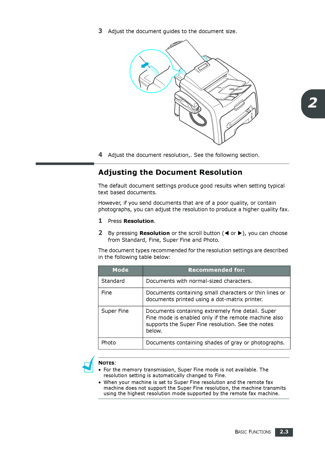 Samsung SF-560 manual Adjusting the Document Resolution, Standard Documents with normal-sized characters Fine 